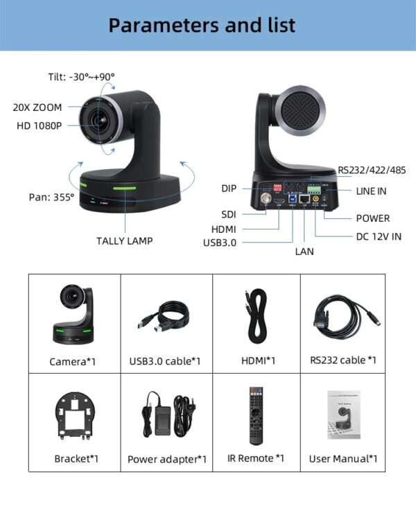 Vikistar PTZ Camera SDI+HDMI+USB+LAN 1080P60, 20X Optic Zoom Lens, NDI Optional - Image 5